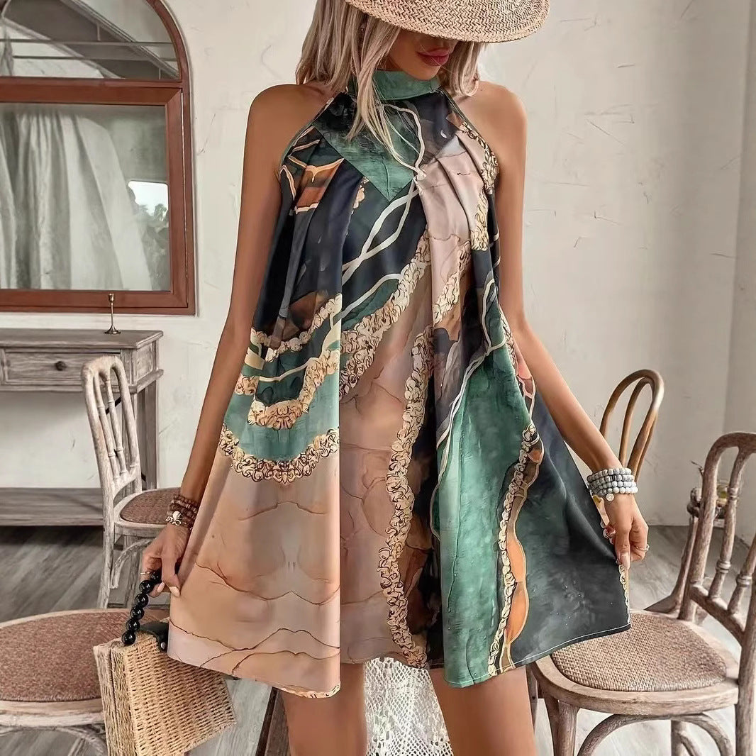 Robe Mini Ajustée Sans Manches, Col Rond, Imprimé Rayé – Design Sexy