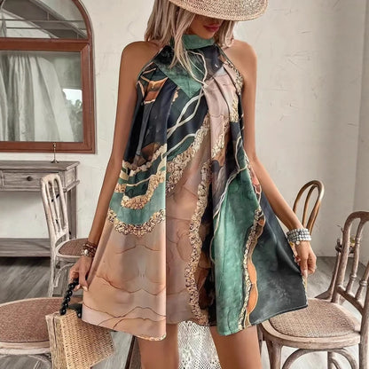Robe Mini Ajustée Sans Manches, Col Rond, Imprimé Rayé – Design Sexy