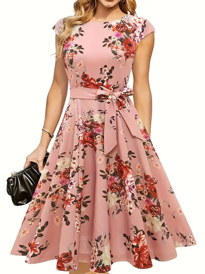 Robe d'Été à Col Rond, Sans Manches, Ceinturée – Imprimé Slim et Style Aérait
