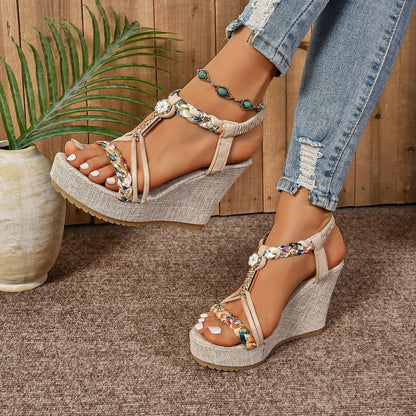 Sandales compensées en corde de chanvre avec strass et semelle en paille