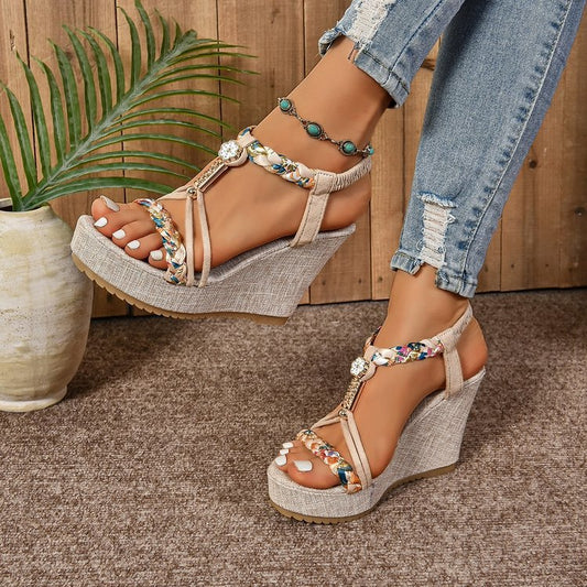 Sandales compensées en corde de chanvre avec strass et semelle en paille