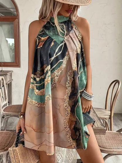 Robe Mini Ajustée Sans Manches, Col Rond, Imprimé Rayé – Design Sexy