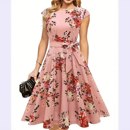 Robe d'Été à Col Rond, Sans Manches, Ceinturée – Imprimé Slim et Style Aérait