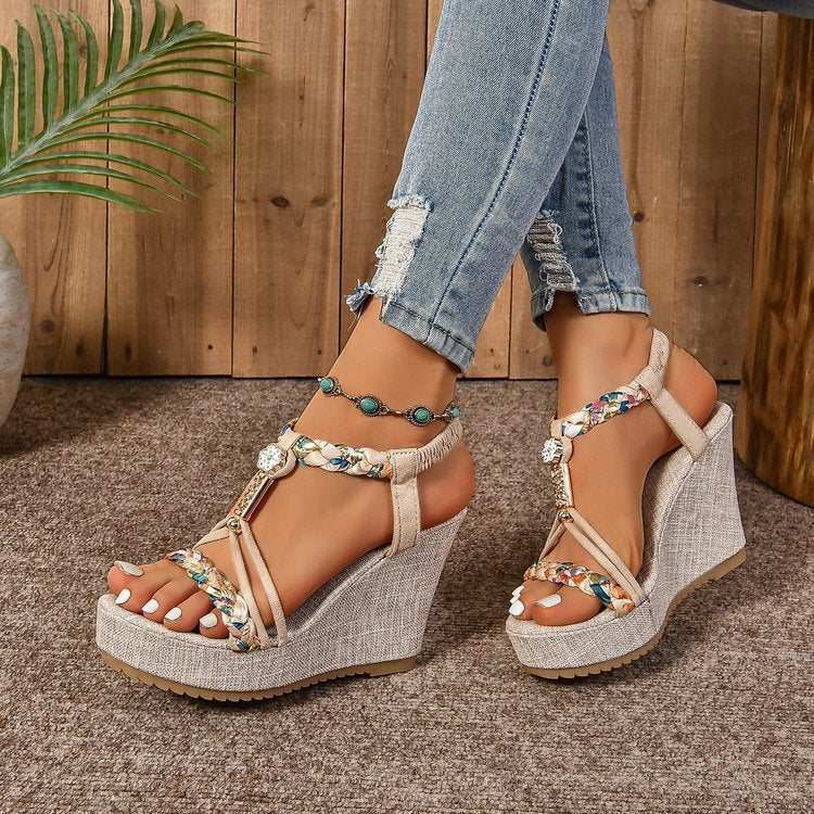 Sandales compensées en corde de chanvre avec strass et semelle en paille