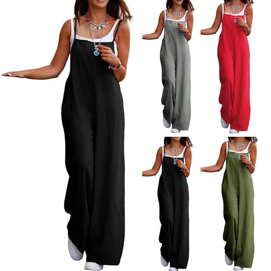 Combinaison Décontractée Femme Lin Coton Été – Bretelles, Pantalon Large, Poches