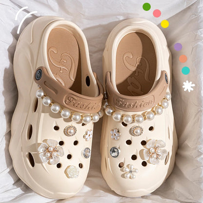 Pearl Chain Chunky Platform Sandals for Women 2024 Summer Thick Sole Beach Sandals Woman Flowers Non Slip EVA Clogs Garden Shoes