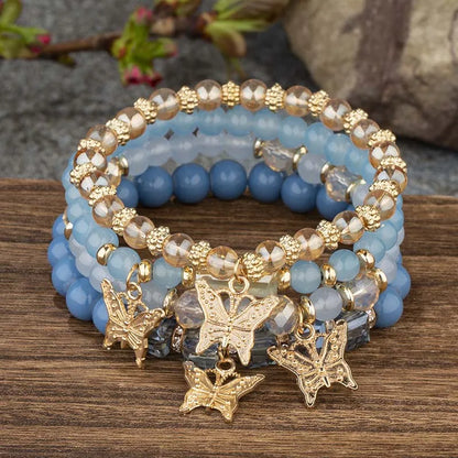 Lot de 4 bracelets tendance pour femme – Perles roses avec papillon, chaîne élastique, style bohème, parfait pour les fêtes et idées cadeaux