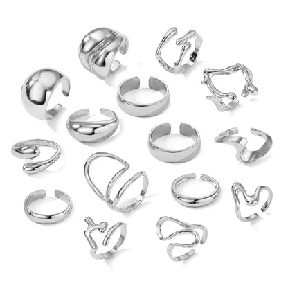 Lot de 15 bagues – Lignes métalliques irrégulières exagérées en forme de goutte d'eau, finition lisse, pour femmes et hommes – Style punk, rétro, bohème, bijou tendance, idée cadeau.