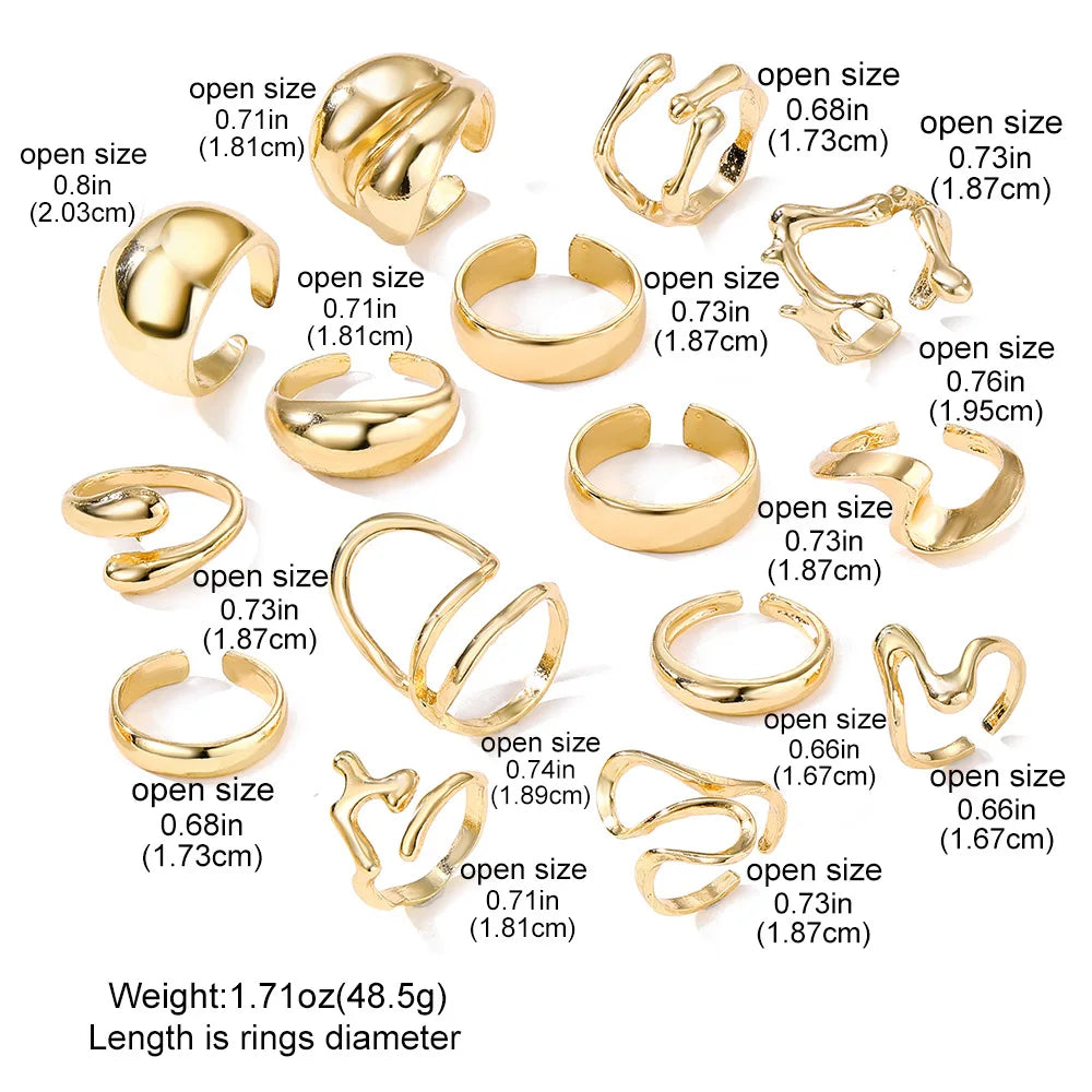 Lot de 15 bagues – Lignes métalliques irrégulières exagérées en forme de goutte d'eau, finition lisse, pour femmes et hommes – Style punk, rétro, bohème, bijou tendance, idée cadeau.