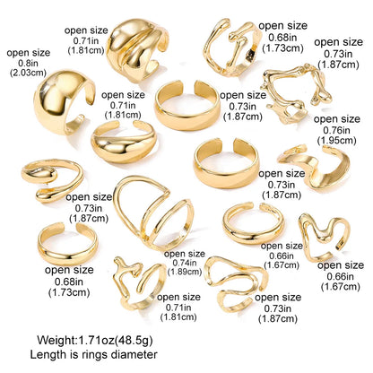Lot de 15 bagues – Lignes métalliques irrégulières exagérées en forme de goutte d'eau, finition lisse, pour femmes et hommes – Style punk, rétro, bohème, bijou tendance, idée cadeau.