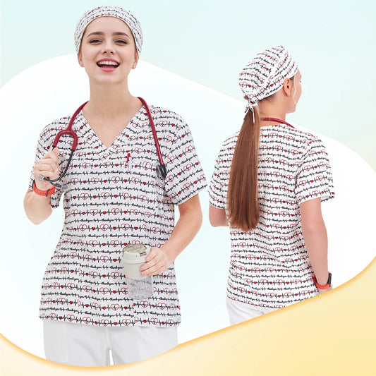 Haut médical imprimé femme – col en V, respirant, été, stretch