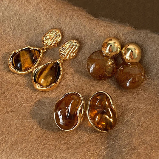 Boucles d'oreilles pendantes vintage en résine avec pierre œil de tigre, aiguille en argent, bijou de personnalité.