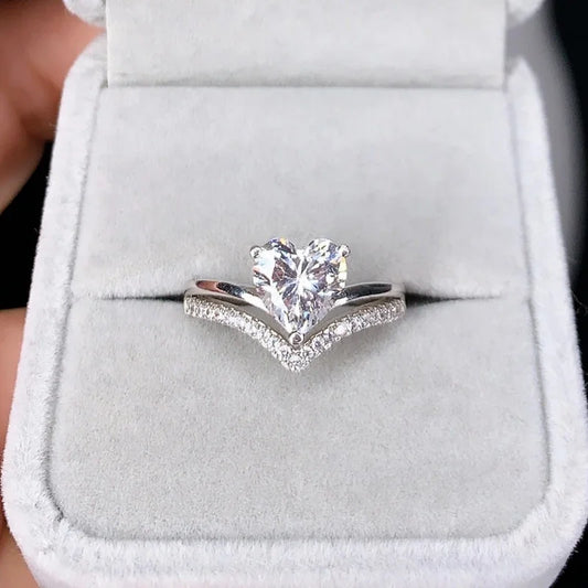 Bagues délicates en argent avec pierres en zircon blanc en forme de cœur pour femmes – ensemble de bagues de mariage, fiançailles, mode, bijoux, idée cadeau.