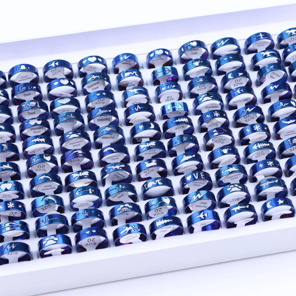 Lot de 10/20/30/50 bagues en acier inoxydable – Anneaux colorés à rayures ajourées, tendance et mode, pour femmes. Idéal en soirée, en déco ou en cadeau.