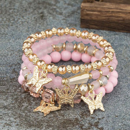 Lot de 4 bracelets tendance pour femme – Perles roses avec papillon, chaîne élastique, style bohème, parfait pour les fêtes et idées cadeaux