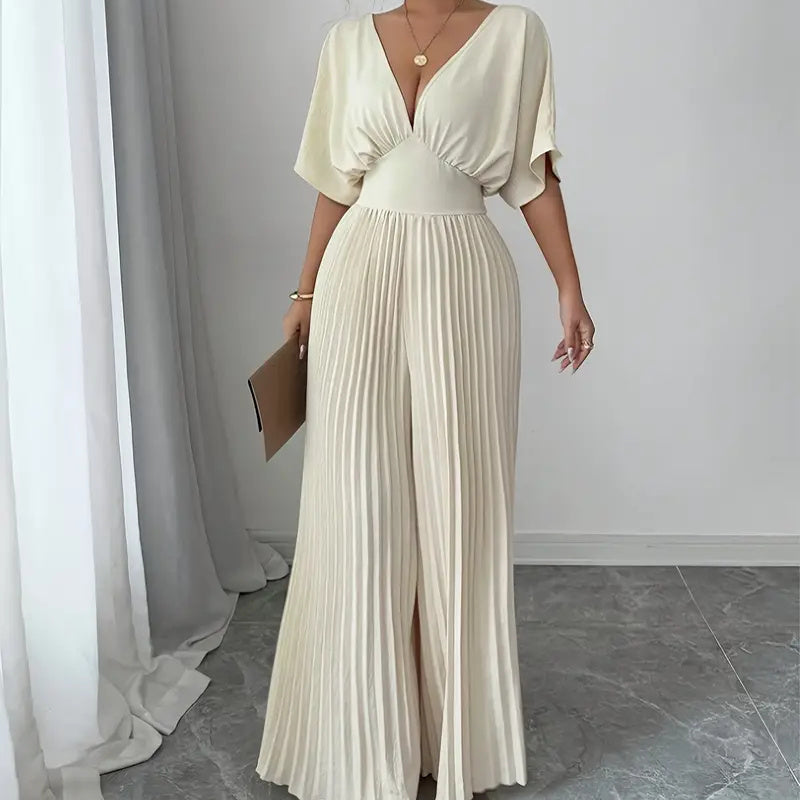 Robe Combinaison Blanche Élégante à Col V, Pantalon Bouffant et Sans Manches