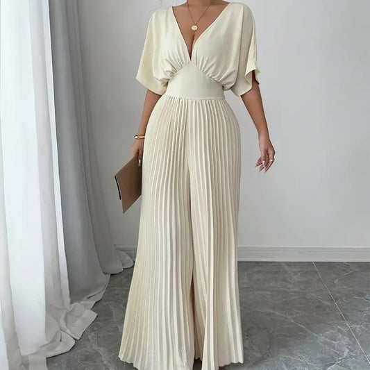 Robe Combinaison Blanche Élégante à Col V, Pantalon Bouffant et Sans Manches